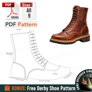 Può includere: Uno stivale in pelle marrone con allacciatura è mostrato accanto a un modello PDF per uno stivale. Il modello include misure ed etichette. L'immagine include anche il testo "PDF Pattern" e "Sizes All 9".