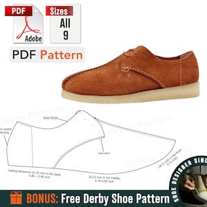 Pode incluir: Um padrão de sapato derby de camurça marrom com sola branca. O padrão inclui medidas em milímetros e polegadas. O texto "BONUS: Free Derby Shoe Pattern" está incluído na imagem.