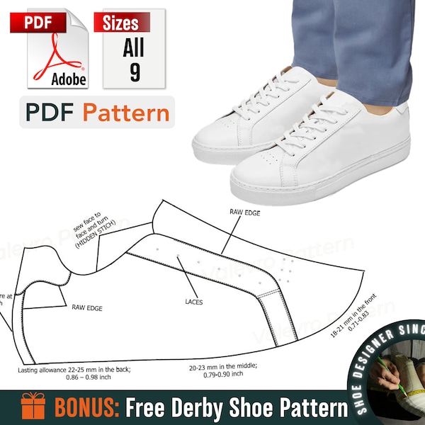 Muster Sneakers PDF – Schnittmuster für Schuhe – Schnittmuster für Herren-Sneaker – Schnittmuster für Herren – PDF-Sneakers mit Schnürsenkeln – DIY-Schuhe