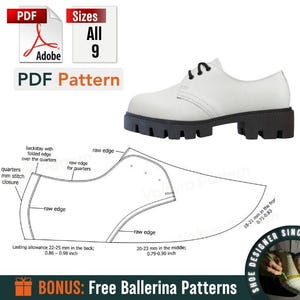 Op de afbeelding: Witte leren schoen met een zwarte profielzool, naast een schoenpatroondiagram. Het diagram bevat afmetingen in cm en de tekst "PDF Pattern". De afbeelding bevat ook de tekst "Sizes All 9".