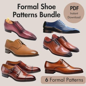 Peut inclure: Image présentant un ensemble de patrons de chaussures formelles. L'image montre six paires de chaussures habillées pour hommes de différents styles et couleurs, dont des richelieus et des chaussures à double boucle. Le texte indique "Formal Shoe Patterns Bundle" et "6 Formal Patterns".