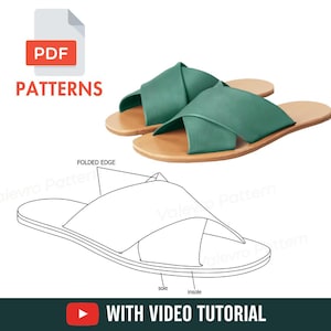 May include: The image shows green leather sandals with a cross-strap design, and a line drawing of the sandal. A PDF icon and the words "PATTERNS" and "WITH VIDEO TUTORIAL" are also visible. The sandals have a light brown sole.