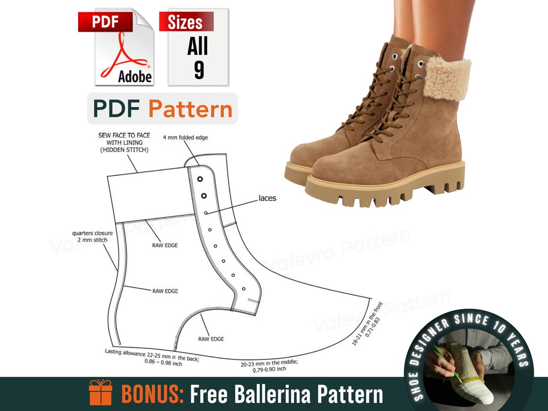 Work Boot Patterns Digital Pattern, Boot Shoes PDF Women Laces All 9 Sizes, Fashionable ...
