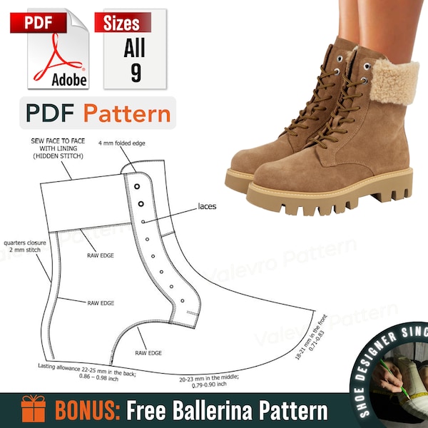 Digital Pattern, Boot shoes PDF Women Laces all 9 sizes, Fashionable, DIY