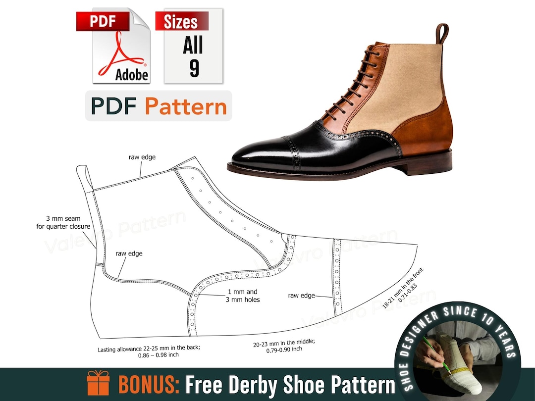 Balmoral Cap Toe Patterns - Sewing Pattern for Men – Boot Template (all ...