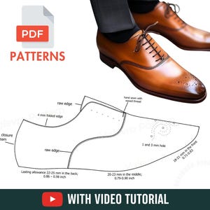 Può includere: Scarpe eleganti in pelle marrone con un motivo dettagliato, accanto a un modello di scarpa con misure in cm. L'immagine include il testo "PDF PATTERNS" e "WITH VIDEO TUTORIAL".