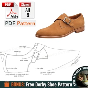 Könnte beinhalten: Ein brauner Wildleder-Monk-Schuh mit silberner Schnalle. Das Bild enthält auch ein PDF-Muster mit Größeninformationen und eine Schuhdesign-Skizze mit Angaben in Millimetern.