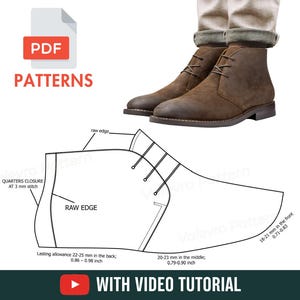 May include: A pair of brown suede chukka boots with a detailed pattern and the text "PDF PATTERNS". The image also includes a shoe pattern with measurements in inches and the text "WITH VIDEO TUTORIAL".