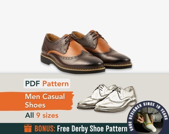 Digital Pattern shoes PDF , Laces Casual men Shoe, all 9 sizes, real dimension