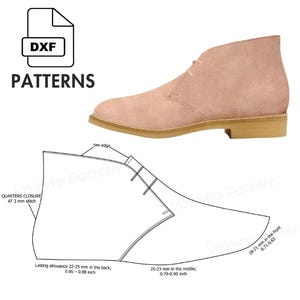 May include: A light pink suede chukka boot next to a black and white pattern diagram. The diagram includes measurements in inches and the text "PATTERNS" and "DXF".