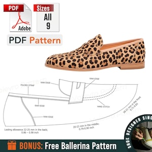 K&ouml;nnte beinhalten: Ein Loafer-Schuh mit Leopardenmuster, beiger Sohle und detailliertem Muster. Das Bild enth&auml;lt ein PDF-Muster mit Ma&szlig;en in mm und Zoll sowie den Text "PDF Pattern".
