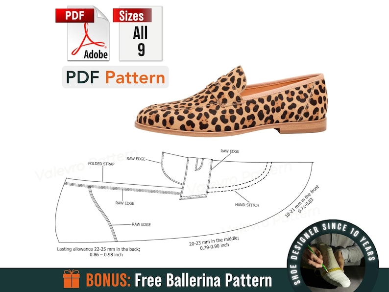 K&ouml;nnte beinhalten: Ein Loafer-Schuh mit Leopardenmuster, beiger Sohle und detailliertem Muster. Das Bild enth&auml;lt ein PDF-Muster mit Ma&szlig;en in mm und Zoll sowie den Text "PDF Pattern".
