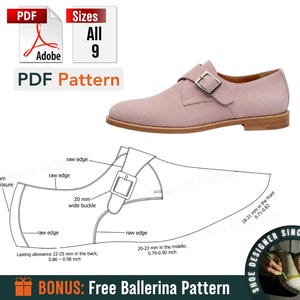 Könnte beinhalten: Ein hellrosa Wildlederschuh mit Schnallenverschluss, dargestellt mit einem PDF-Muster und dem Text "PDF Pattern". Das Muster enthält Maße in cm und ein Bonus-Ballerina-Muster.