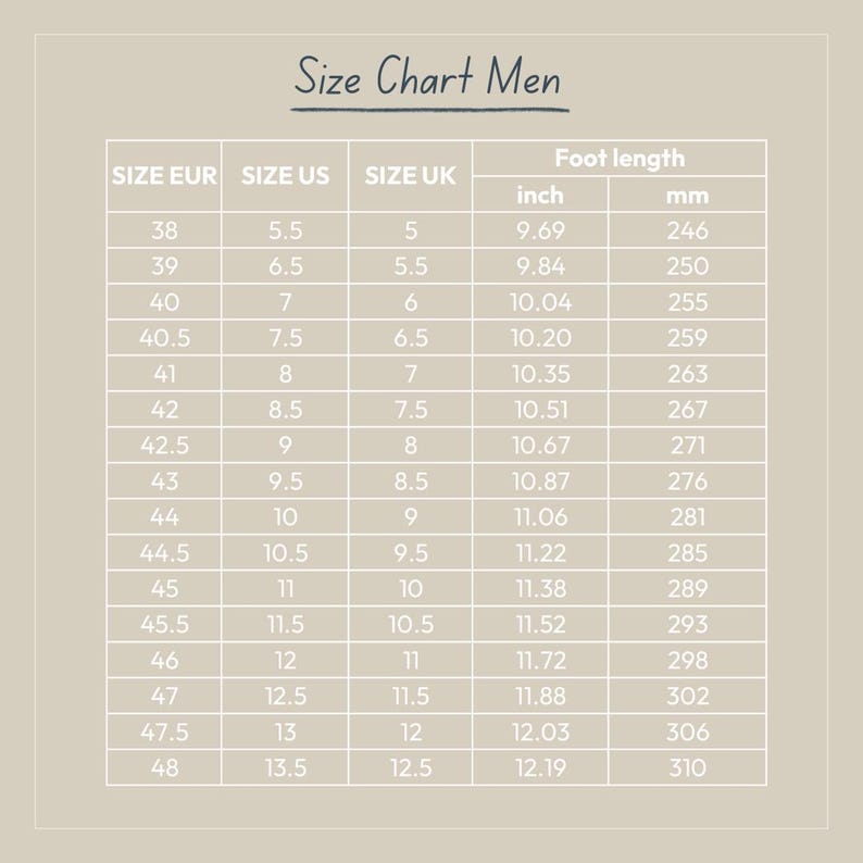 May include: A size chart for men's shoes, showing European, US, and UK sizes, along with corresponding foot length in inches and millimeters.