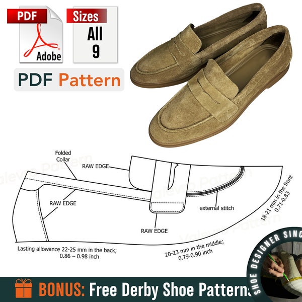 Modèle numérique mocassins PDF - mocassins pour hommes - les 9 tailles - patron de chaussures à coudre PDF - mocassins - patron chaussures - DIY
