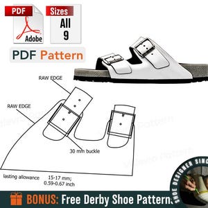 May include: White leather sandal with two adjustable straps and silver buckles. The image includes a PDF pattern for the sandal, with text indicating sizes and measurements. The buckle is 30 mm. The lasting allowance is 0.59-0.67 inches.