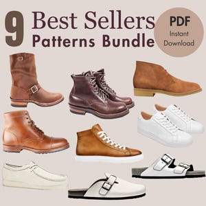 Op de afbeelding: Een assortiment van negen verschillende schoenstijlen, waaronder laarzen, sneakers en sandalen, in diverse kleuren zoals bruin, wit en beige. De afbeelding bevat de tekst "9 Best Sellers Patterns Bundle PDF Instant Download."