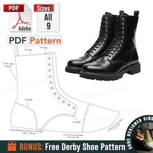 Może przedstawiać: Czarne skórzane buty bojowe ze sznurowaniem i grubą podeszwą. Pokazany jest wzór PDF butów, wraz z tekstem "PDF Pattern" i "Sizes All 9". Obraz zawiera również tekst "BONUS: Free Derby Shoe Pattern."