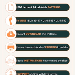 May include: A graphic with a list of what is included in a digital download for shoe patterns. The list includes printable PDF patterns, 9 sizes, instant download, printing instructions, basic instructions, and support.