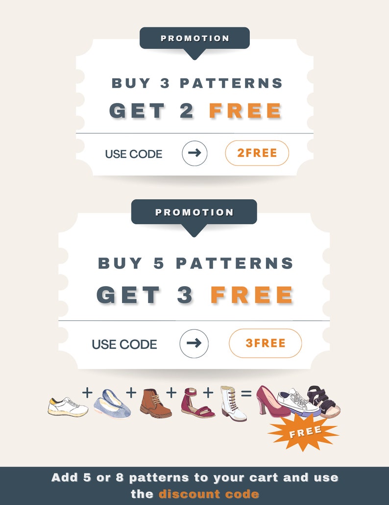 May include: A promotion for buying patterns. Buy 3 patterns, get 2 free, use code "2FREE". Buy 5 patterns, get 3 free, use code "3FREE". Add 5 or 8 patterns to your cart and use the discount code.