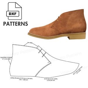 May include: A brown suede chukka boot with a light-colored sole and laces. The image also includes a DXF file icon and the word "PATTERNS". Below is a pattern with measurements: 0.86-0.98 inch in the back, 0.79-0.90 inch in the middle, and 0.71-0.83 inch in the front.