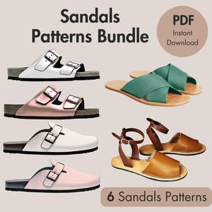 Könnte beinhalten: Ein Bild mit sechs verschiedenen Sandalenmustern. Die Sandalen variieren im Stil, darunter Pantoletten, Slipper und Riemchen-Designs. Farben sind Weiß, Rosa, Grün und Braun. Der Text "Sandals Patterns Bundle" und "PDF Instant Download" ist ebenfalls sichtbar.