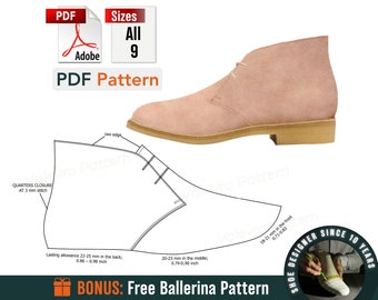 May include: A digital PDF pattern for making a pair of pink suede chukka boots. The pattern includes instructions for quarters closure at 3 mm stitch. The pattern also includes a free ballerina pattern. The text "PDF Pattern" is visible in the image.
