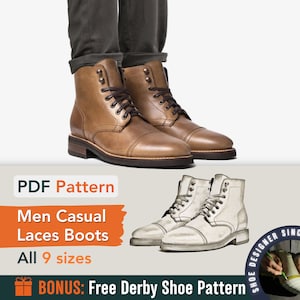 Digital Pattern shoes PDF , Laces Casual men Boot, all 9 sizes, real dimension