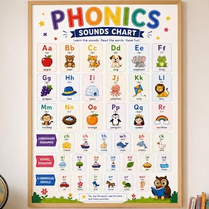 Phonics Sounds Chart for Kids, Educational Classroom Poster, Alphabet & Digraphs Learning Print, Homeschool Nursery Wall Art