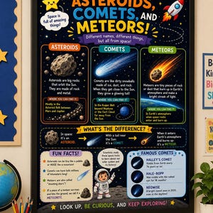 Puede incluir: Un póster educativo enmarcado titulado Asteroids, Comets, and Meteors! con fondo negro. Presenta ilustraciones coloridas de objetos espaciales, un astronauta y texto descriptivo que explica las diferencias entre estos cuerpos celestes.