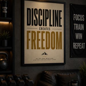 May include: A rectangular framed wall poster with a cream background featuring the black text DISCIPLINE, the word CREATES, and the gold text FREEDOM. Below is a small mountain icon and the text DO THE HARD WORK NOW LIVE THE LIFE YOU WANT LATER.
