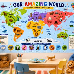 Puede incluir: Un mapa mural educativo colorido titulado OUR AMAZING WORLD con continentes en colores distintos, con ilustraciones de animales, monumentos y océanos. La sección inferior muestra Amazing Animals From Around The World con etiquetas.