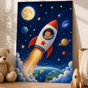 Könnte beinhalten: Ein rechteckiger Wandkunstdruck mit einer Cartoon-Illustration eines Kindes in einer weiß-roten Rakete, die in den Weltraum startet. Die Szene zeigt einen hellen Mond, Planeten, Sterne, eine Galaxie und einen Blick auf die Erde mit Wolken.