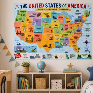 Może przedstawiać: Kolorowa mapa ścienna zatytułowana THE UNITED STATES OF AMERICA, 50 STATES, COUNTLESS PLACES TO EXPLORE! Mapa przedstawia każdy stan w innym kolorze z ilustracjami zabytków, zwierząt i przyrody oraz sekcją z ciekawostkami.