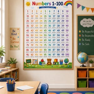 Może przedstawiać: Prostokątny edukacyjny plakat ścienny zatytułowany Numbers 1-100, przedstawiający siatkę liczb od jednego do stu wraz z odpowiadającymi im słowami. Projekt zawiera słońce, tęczę oraz ilustracje liczydła, książek, pluszowego misia i globusa.