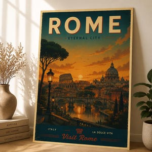 Puede incluir: Una lámina de arte mural rectangular con una vista de Roma, Italia, al atardecer. El texto ROME ETERNAL CITY aparece en la parte superior, con ITALY, LA DOLCE VITA y Visit Rome en la parte inferior. La ilustración muestra el Coliseo y un puente.
