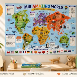 Może przedstawiać: Duża, kolorowa edukacyjna mapa ścienna zatytułowana Our Amazing World, przedstawiająca kontynenty, oceany, zabytki, zwierzęta i flagi świata. Mapa zawiera etykiety tekstowe dla krajów, oceanów i ciekawostek na jasnoniebieskim tle.
