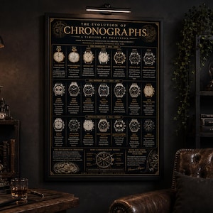 May include: A framed black poster titled The Evolution of Chronographs, featuring a chronological timeline of various watch models with gold-toned illustrations and descriptive text arranged in rows against a dark background.