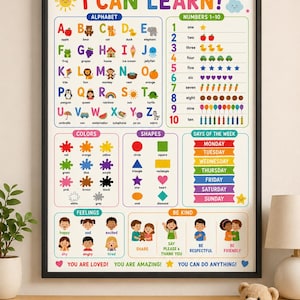 I Can Learn Poster for Kids | Educational Learning Chart | Alphabet, Numbers, Colors, Shapes, Days of the Week & Feelings | School Wall Art