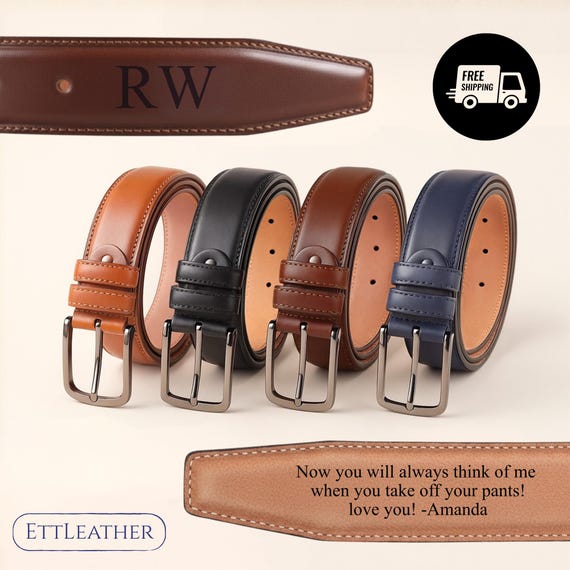 Personalized Genuine Leather Belt: Engraved Handmade Dress Belt - Anniversary Gift For Him - Classic Men Belt