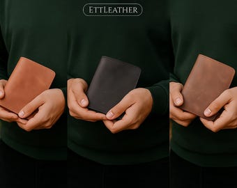 Cartera de cuero personalizada: billetera minimalista y delgada para hombre, tarjetero compacto. Regalo de aniversario, para padrinos de boda y para el Día del Padre.