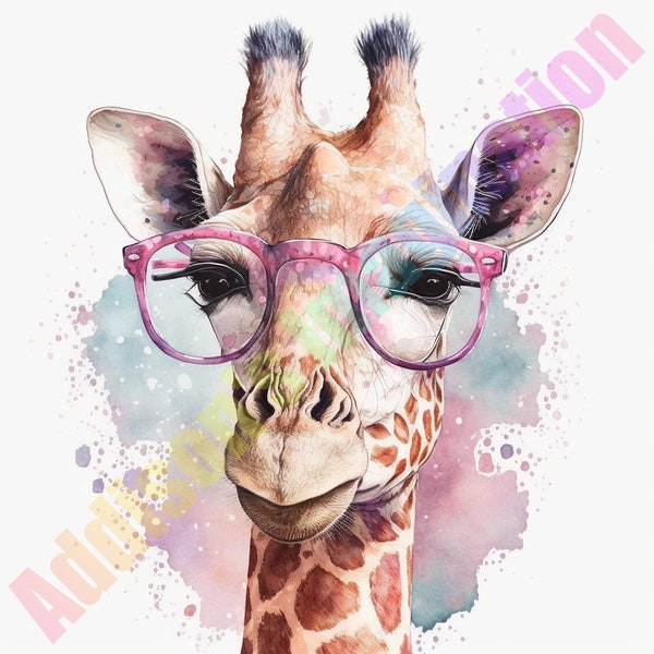 Giraffe with Glasses Print Set of 2 ~ Nursery Wall Art ~ Baby Animal Posters ~ Printable Instant Downloadable ~ Girls Nursery Room ~ Digital