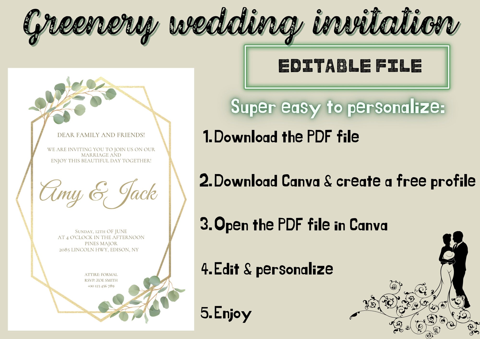Editable Greenery Wedding Template, Botanical Wedding Invitations ...