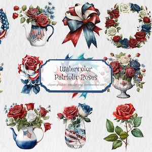 Rosa Floral Acuarela Flores Clipart 4 de julio Rojo Blanco Azul Rosas Fondo Transparente PNG Archivo Descarga Instantánea para Uso Comercial