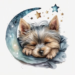 Chiot Yorkshire Terrier, Art de l&#39;aquarelle, pépinière neutre décor Boho, cadeau de Shower de bébé amoureux des chiens, oreiller, taille d&#39;impression 24&quot; max téléchargement numérique