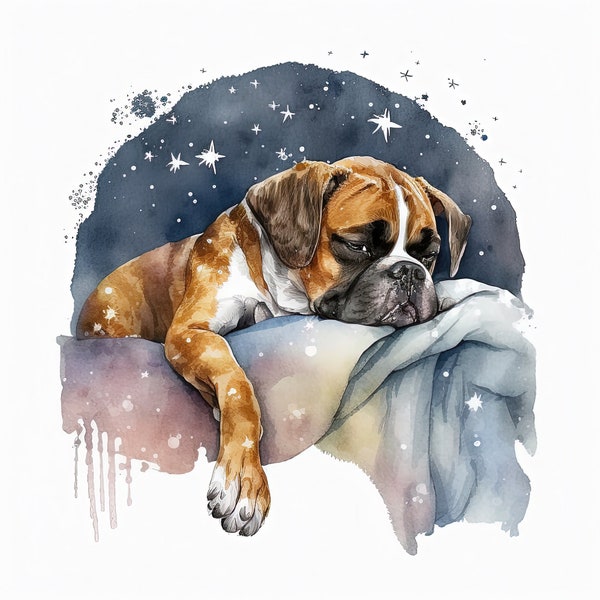Sleepy Boxer Dog Aquarelle Wall Art, Boho Decor, Pet Lover Gift, Pillow, Mug, Card, Print Size 24" max, Instant Digital Download