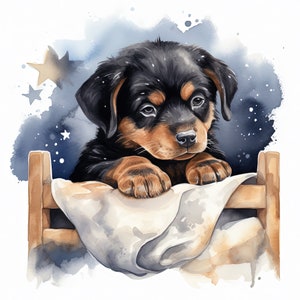 Rottweiler Puppy Watercolor Wall Art, Boho Decor Neutral Nursery, Dog Lover Baby Shower Gift, Pillow, Print Size 24&quot; max Digital Download
