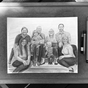 Pencil portrait from photo. Pencil drawing. Family portrait from different photos.