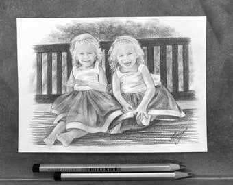 Portrait au crayon d'après photo. Dessin au crayon. Portrait de famille à partir de différentes photos. Cadeau pour grands-parents. Cadeau pour elle