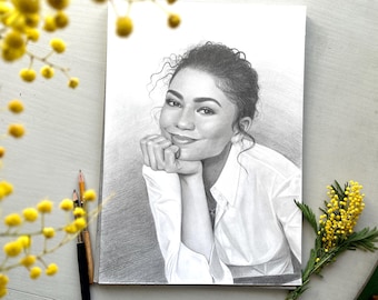 Portrait au crayon à partir d’une photo – Cadeau parfait pour la fête des mères, la famille ou les grands-parents. Dessin au crayon